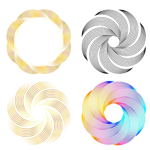 Establecer círculo de elementos de diseño Anillo de oro de colores vectoriales en negrita aislado de rayas onduladas de brillo abstracto de muchos remolinos brillantes creados con la ilustración de vector de herramienta de mezcla EPS10 para su presentación