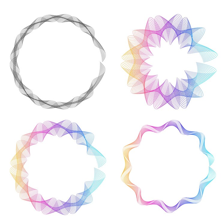 Vector establecer círculo de elementos de diseño anillo de oro de colores vectoriales en negrita aislado de rayas onduladas de brillo abstracto de muchos remolinos brillantes creados con la ilustración de vector de herramienta de mezcla eps10 para su presentación