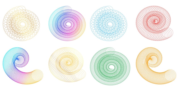 Establecer círculo de elementos de diseño Anillo de oro de colores vectoriales en negrita aislado de rayas onduladas de brillo abstracto de muchos remolinos brillantes creados con la ilustración de vector de herramienta de mezcla EPS10 para su presentación