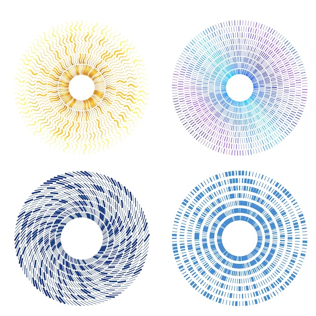 Establecer círculo de elementos de diseño Anillo de oro de colores vectoriales en negrita aislado de rayas onduladas de brillo abstracto de muchos remolinos brillantes creados con la ilustración de vector de herramienta de mezcla EPS10 para su presentación