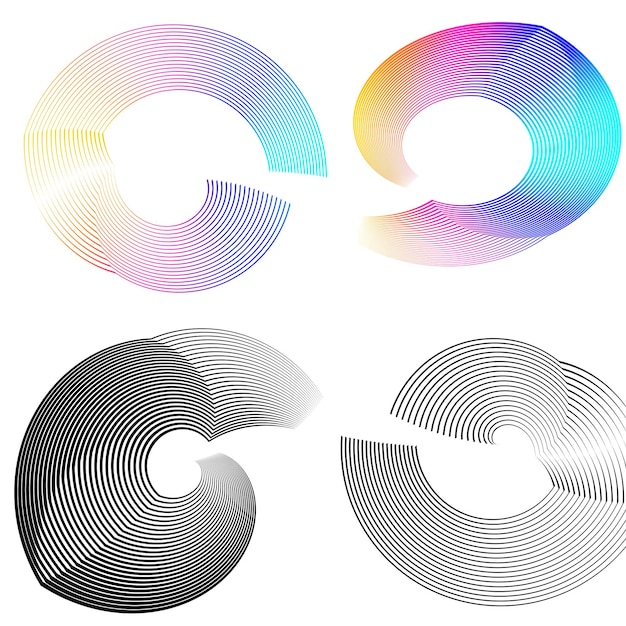 Establecer círculo de elementos de diseño Anillo de oro de colores vectoriales en negrita aislado de rayas onduladas de brillo abstracto de muchos remolinos brillantes creados con la ilustración de vector de herramienta de mezcla EPS10 para su presentación