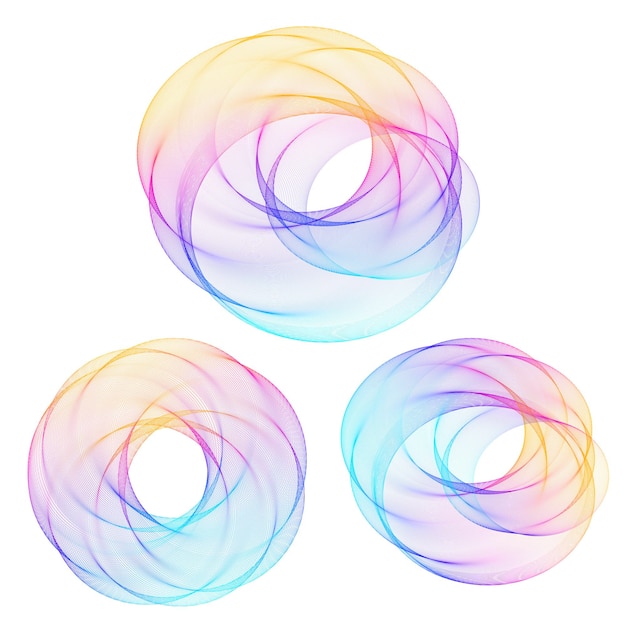 Establecer círculo de elementos de diseño Anillo de oro de colores vectoriales en negrita aislado de rayas onduladas de brillo abstracto de muchos remolinos brillantes creados con la ilustración de vector de herramienta de mezcla EPS10 para su presentación