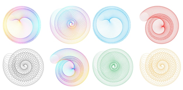 Establecer círculo de elementos de diseño Anillo de oro de colores vectoriales en negrita aislado de rayas onduladas de brillo abstracto de muchos remolinos brillantes creados con la ilustración de vector de herramienta de mezcla EPS10 para su presentación
