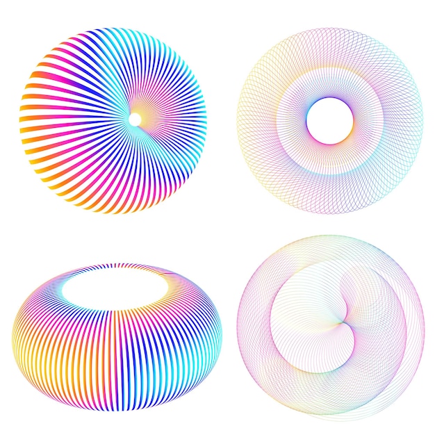 Establecer círculo de elementos de diseño Anillo de oro de colores vectoriales en negrita aislado de rayas onduladas de brillo abstracto de muchos remolinos brillantes creados con la ilustración de vector de herramienta de mezcla EPS10 para su presentación