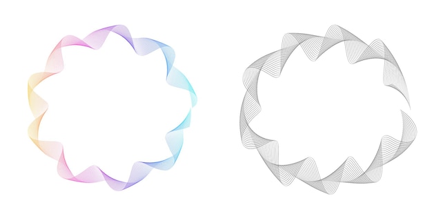 Establecer círculo de elementos de diseño Anillo de oro de colores vectoriales en negrita aislado de rayas onduladas de brillo abstracto de muchos remolinos brillantes creados con la ilustración de vector de herramienta de mezcla EPS10 para su presentación