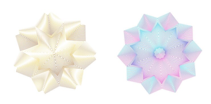Vector establecer círculo de elementos de diseño anillo de oro de colores vectoriales en negrita aislado de rayas onduladas de brillo abstracto de muchos remolinos brillantes creados con la ilustración de vector de herramienta de mezcla eps10 para su presentación