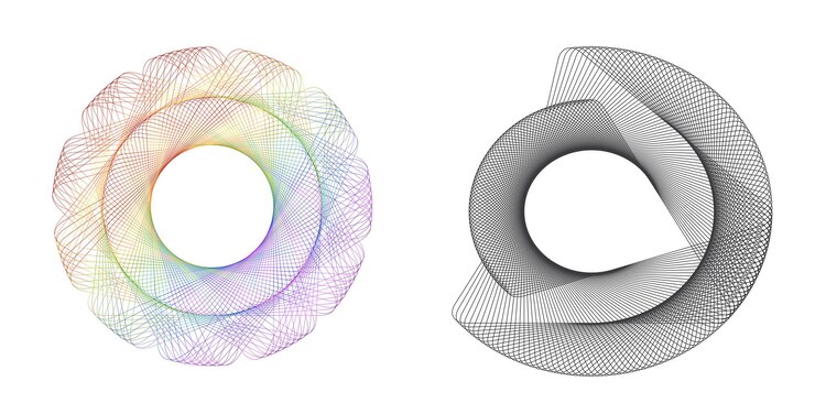 Vector establecer círculo de elementos de diseño anillo de oro de colores vectoriales en negrita aislado de rayas onduladas de brillo abstracto de muchos remolinos brillantes creados con la ilustración de vector de herramienta de mezcla eps10 para su presentación