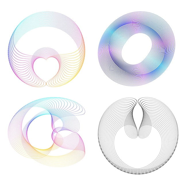 Establecer círculo de elementos de diseño Anillo de oro de colores vectoriales en negrita aislado de rayas onduladas de brillo abstracto de muchos remolinos brillantes creados con la ilustración de vector de herramienta de mezcla EPS10 para su presentación