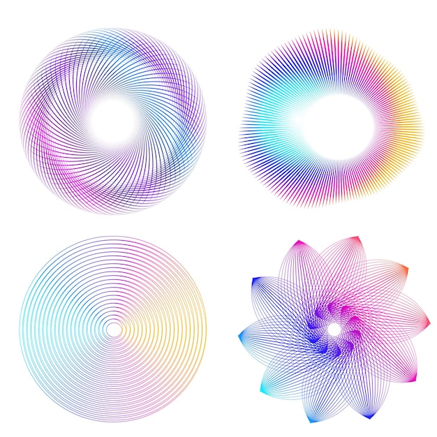 Establecer círculo de elementos de diseño Anillo de oro de colores vectoriales en negrita aislado de rayas onduladas de brillo abstracto de muchos remolinos brillantes creados con la ilustración de vector de herramienta de mezcla EPS10 para su presentación