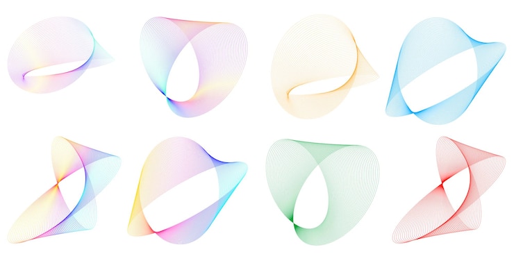 Vector establecer círculo de elementos de diseño anillo de oro de colores vectoriales en negrita aislado de rayas onduladas de brillo abstracto de muchos remolinos brillantes creados con la ilustración de vector de herramienta de mezcla eps10 para su presentación