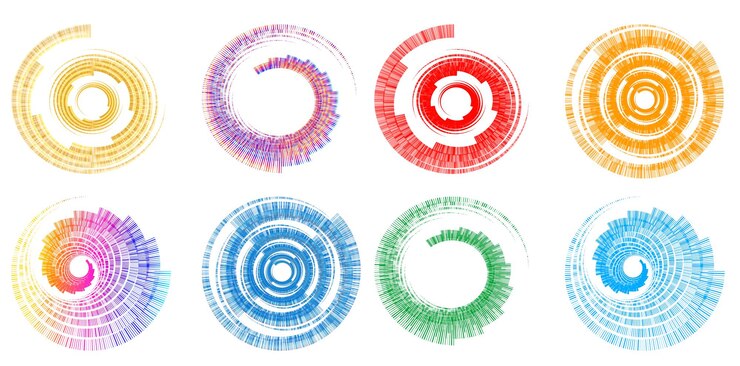 Vector establecer círculo de elementos de diseño anillo de oro de colores vectoriales en negrita aislado de rayas onduladas de brillo abstracto de muchos remolinos brillantes creados con la ilustración de vector de herramienta de mezcla eps10 para su presentación