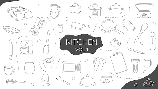establecer cocina doodle ilustración