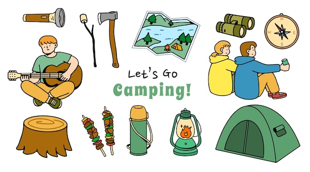 Establecer colección de artículos y personajes para acampar elemento aislado de imágenes prediseñadas de naturaleza camping adventure