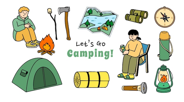 Establecer colección de artículos y personajes para acampar Elemento aislado de imágenes prediseñadas de naturaleza Camping Adventure