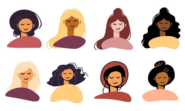 Establecer colección de avatares de corte de pelo femenino aislado en un fondo blanco Ilustración de vector plano