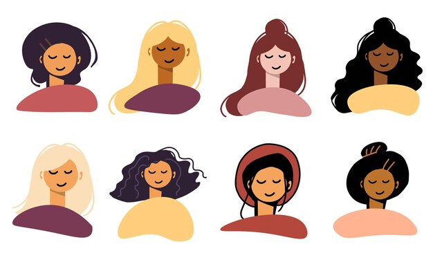 Establecer colección de avatares de corte de pelo femenino aislado en un fondo blanco ilustración de vector plano