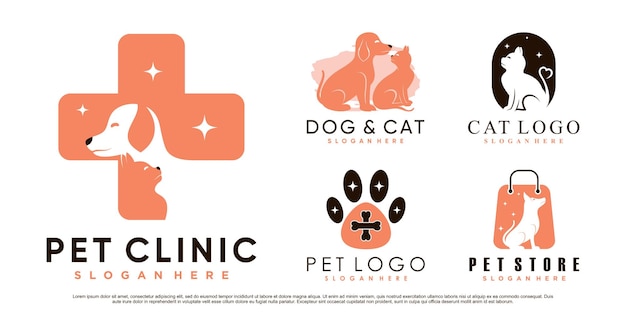 Establecer colección de diseño de logotipo de animales de compañía para tienda de mascotas o clínica con elemento creativo Vector Premium