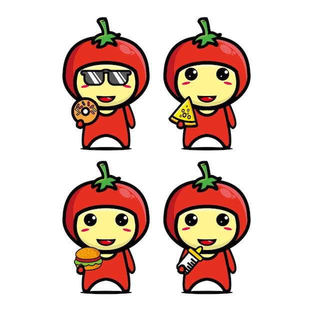 Establecer colección de diseño de mascota de tomate lindo aislado en un fondo blanco