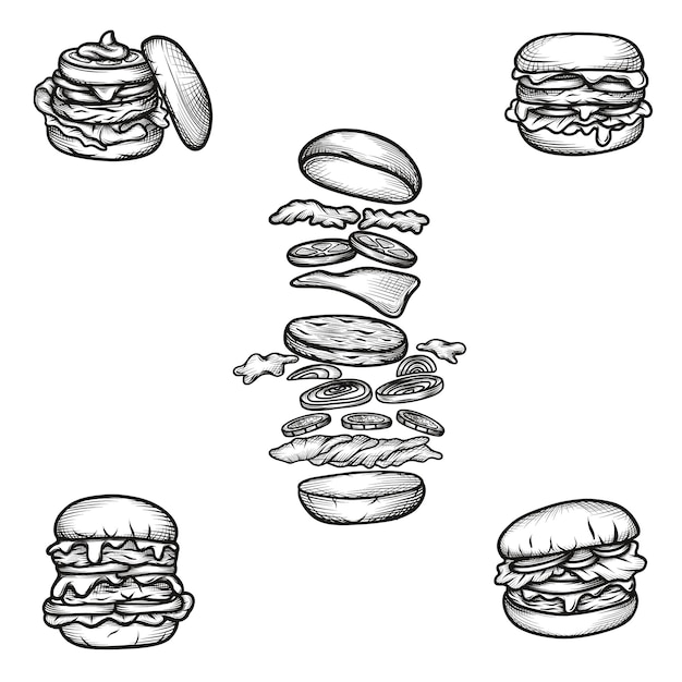 Vector establecer colección de hamburguesa o hamburguesa. gran sándwich delicioso, ilustración vectorial, estilo vintage