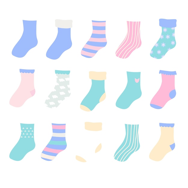 Establecer colección de iconos de calcetines coloridos con adornos de patrones aislados sobre fondo blanco