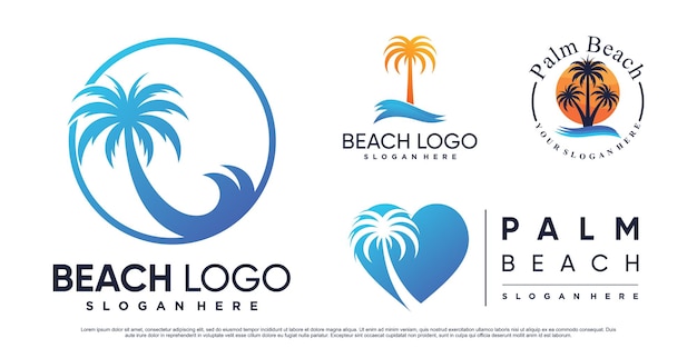 Establecer colección de inspiración de diseño de logotipo de playa con palmera y elemento creativo vector premium