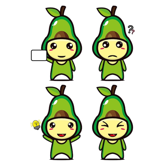 Establecer colección de lindo diseño de mascota de aguacate aislado en un fondo blanco