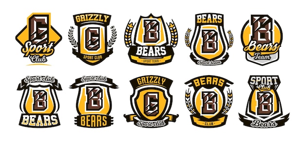 Establecer colección de logotipos coloridos emblemas carta la garra rayada oso enojado grizzly ilustración vectorial estilo dinámico y deportivo impresión en camisetas