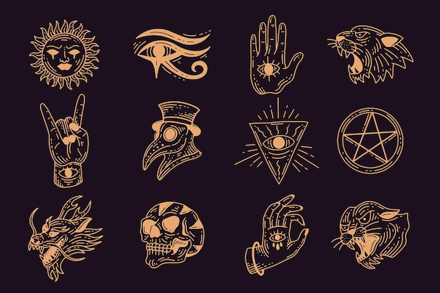 Establecer colección mística celestial clipart símbolo espacio doodle esotérico elementos mágicos ilustración vintage