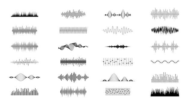 Establecer colección negra elementos abstractos ondas de audio voz sonido música formas estilo de diseño vectorial