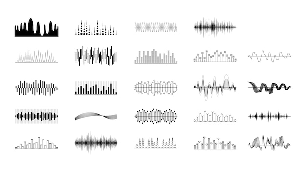 Establecer colección negra Elementos abstractos Ondas de audio Voz Sonido Música Formas Estilo de diseño vectorial