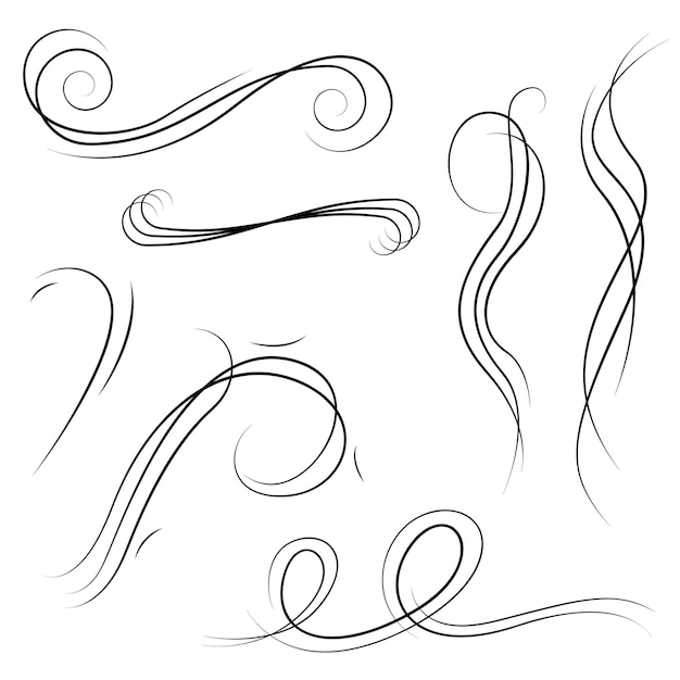 Establecer colección negra Línea simple Vientos Ráfaga Squall Curl Doodle Esquema Elemento de la naturaleza Diseño vectorial