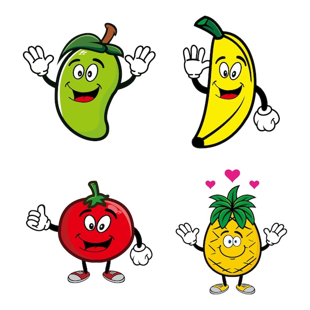 Establecer colección de personaje de diseño de mascota de frutas lindo aislado en un fondo blanco