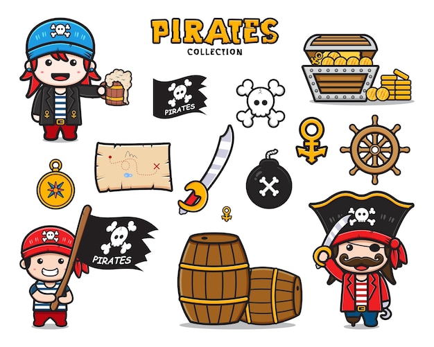 Establecer colección de piratas lindos y equipo de dibujos animados icono de ilustración de imágenes prediseñadas. Diseño de estilo de dibujos animados plano aislado