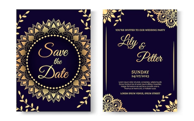 Establecer colección plantilla de tarjeta de invitación de boda de mandala de lujo