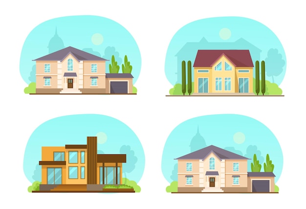 Establecer coloridas casas de campo con techo, cabañas suburbanas, casa de huéspedes, mansión, casa de pueblo, ladrillo de casa, edificios. Casa de apartamentos de fachada. Ilustración vectorial inmobiliaria aislada.