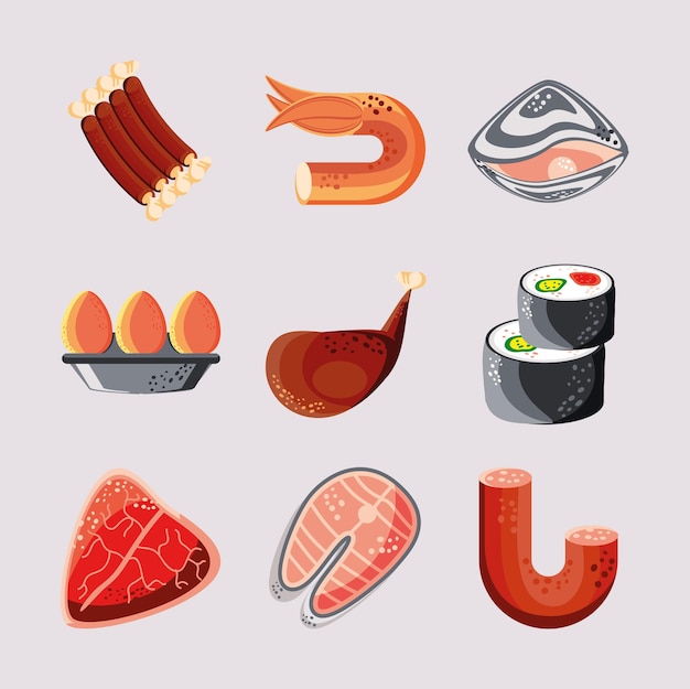 Establecer comida carnes pescado sushi