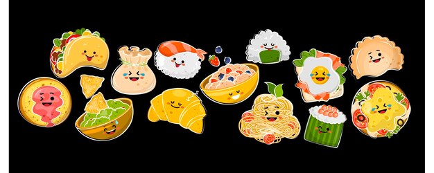 Vector establecer comida de los pueblos del mundo al estilo de doodle emoji