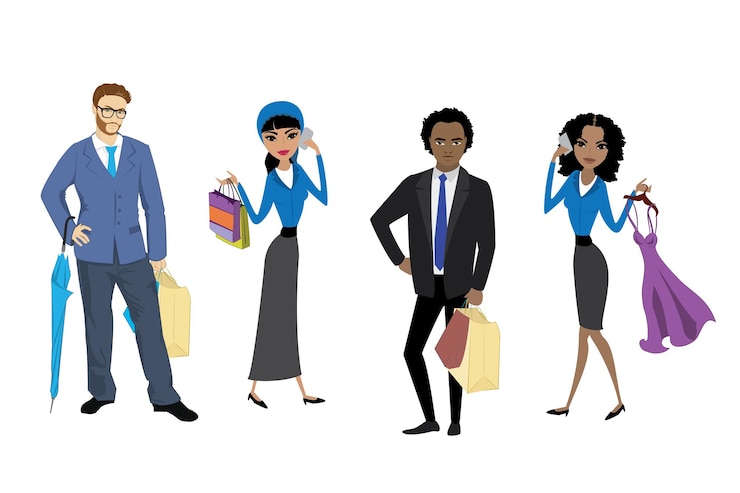 Vector establecer compradores de moda aislados en la ilustración de vector de stock de dibujos animados de fondo blanco