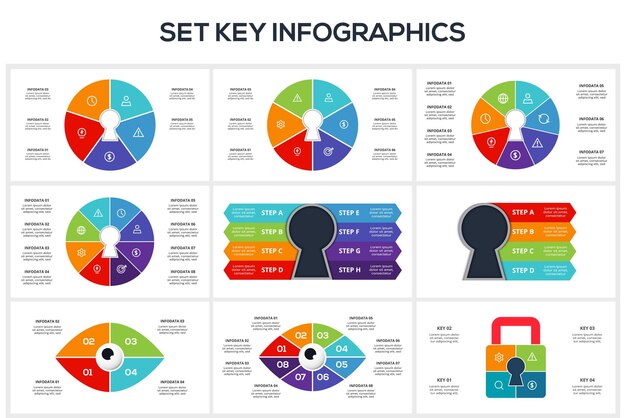 Establecer el concepto Keys para infografías con opciones de 4 5 6 7 8 pasos partes o procesos Visualización de datos comerciales