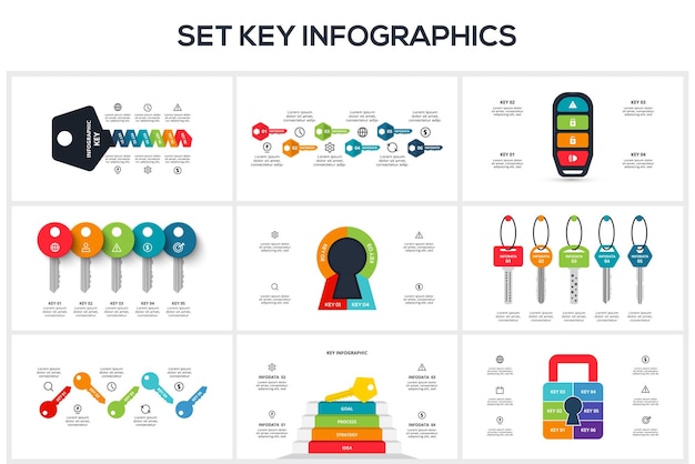 Vector establecer el concepto keys para infografías con opciones de 4 5 6 pasos partes o procesos visualización de datos comerciales