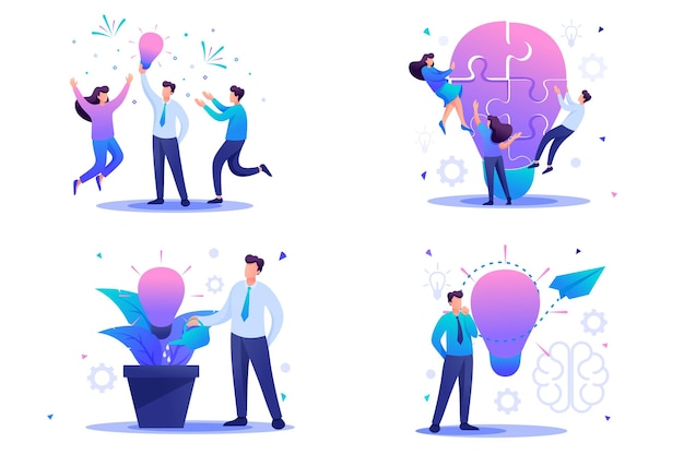 Establecer conceptos planos 2D para crear nuevas ideas, puesta en marcha. Piense en ideas de negocios. Por concepto de diseño web.