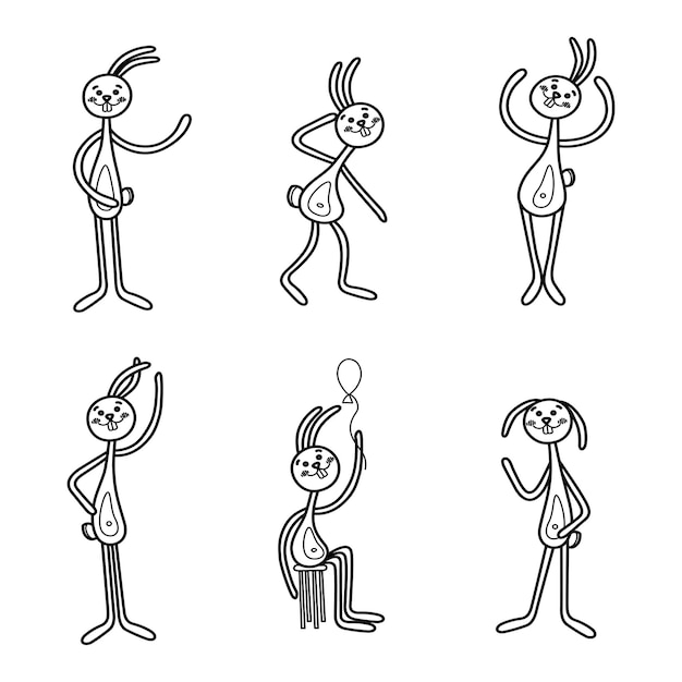 Vector establecer conejos animal liebre conejito de pie sentado bailando ilustración de garabato dibujado a mano