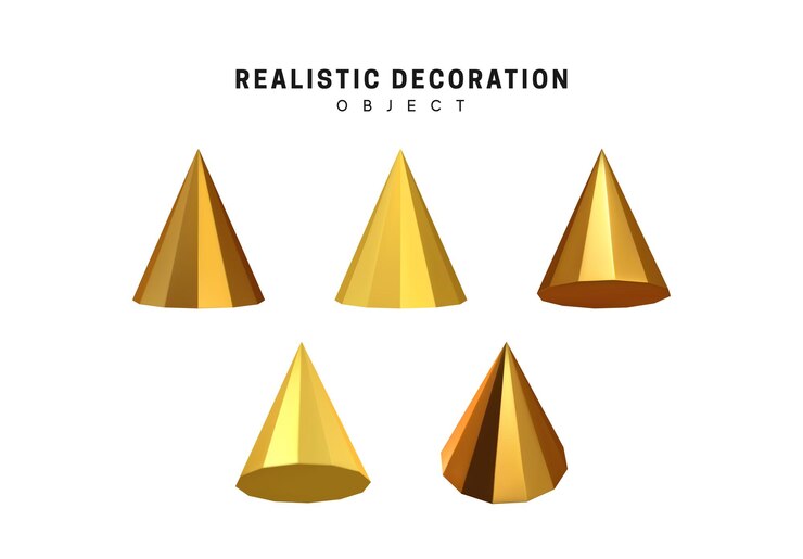Vector establecer conos con color dorado. formas geométricas realistas. elementos de diseño decorativo aislado fondo blanco. objetos 3d color dorado en forma de cono. ilustración vectorial