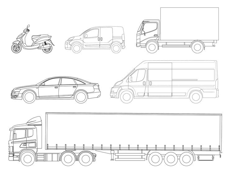 Vector establecer contorno de coches. transporte logístico. remolque de camión de vista lateral, camión semirremolque, entrega de carga, furgoneta, minivan y scooter. camiones de reparto de carga en blanco. vehículo de carga aislado en blanco