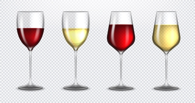 Establecer copas de vino de vector transparente vacías con vino blanco y tinto sobre fondo transparente alcoholi