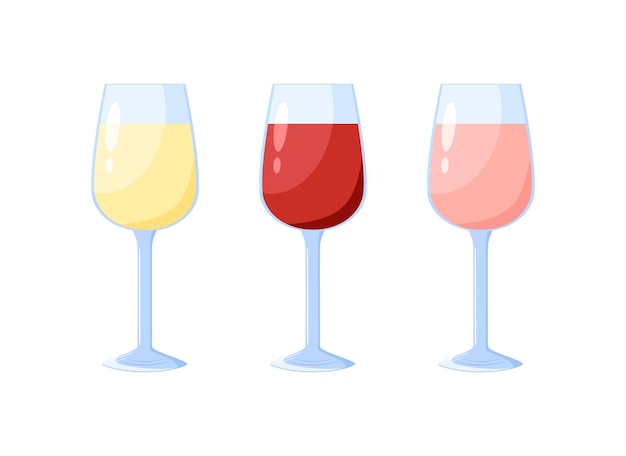 Vector establecer copas de vino vectoriales vacías con rosa blanca y vino tinto y champán