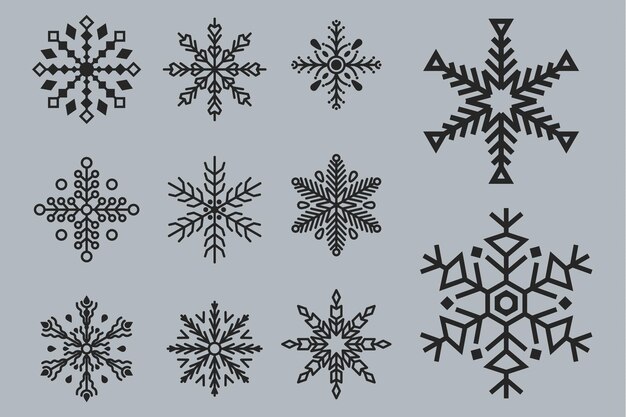 Establecer los copos de nieve en el estilo de dibujo para el diseño de invierno Navidad y tema de invierno icono de copo de nieve pintado