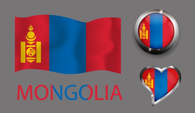 Establecer corazón de botón brillante de bandera de Mongolia de nación