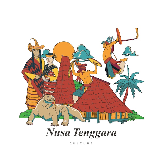 Establecer la cultura Nusa Tenggara y la ilustración histórica. Fondo de culturas indonesias dibujadas a mano