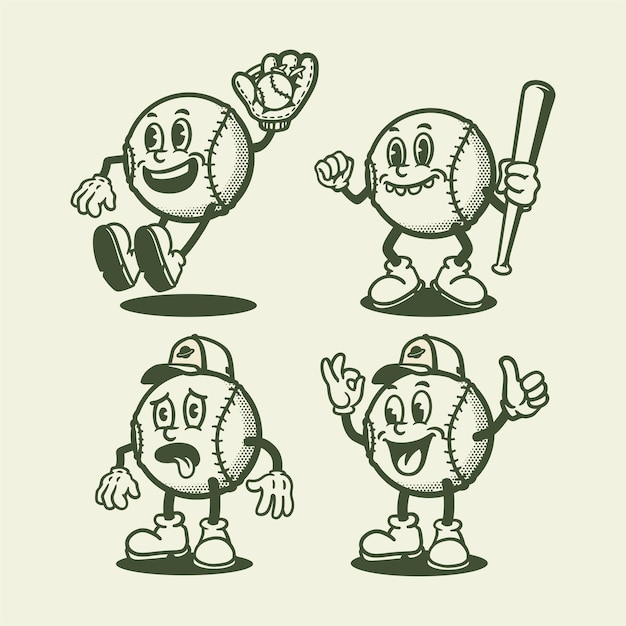 Establecer dibujos animados de béisbol vintage